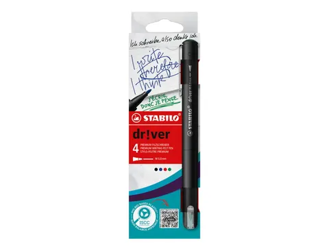 Fineliner STABILO dr!ver Etui met 4 kleuren Medium punt 0.8mm