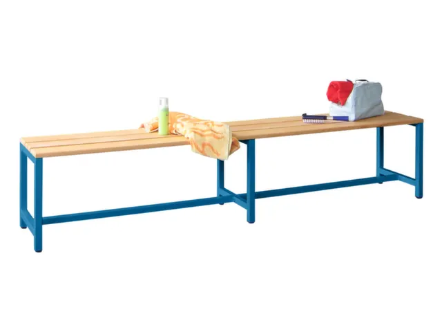 banc-patère,LxP 2000x370mm,barrettes en bois hêtre,piètement RAL501