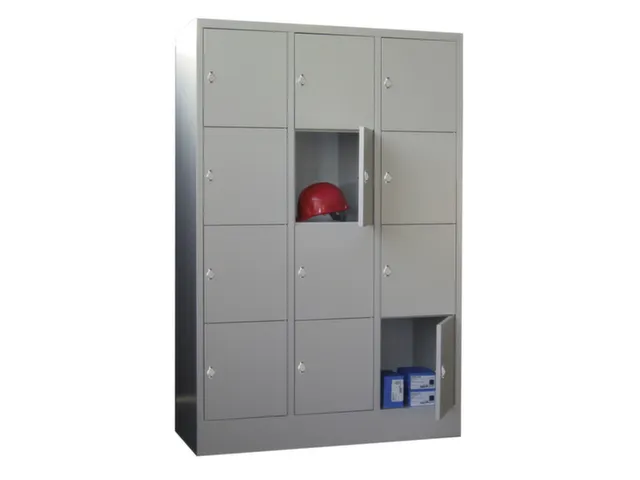 lockerkast,HxBxD 1850x1200x500mm,3x4vakken,RAL7035,front RAL5012