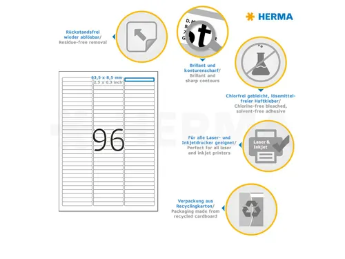 HERMA 4202 Verwijderbare etiketten A4 63,5x8,5mm Wit 2400 stuks