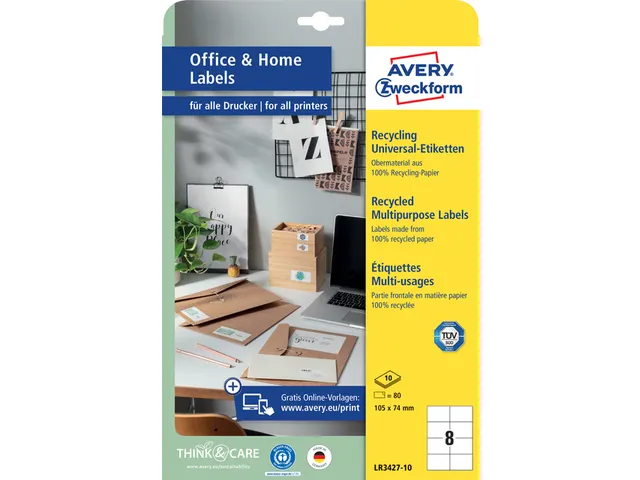 Etiket Avery Zweckform LR3427-10 105x74 mm recycled Wit 80 stuks