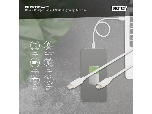 Gegevens-/oplaadkabel Lightning USB-C M/M 1m PVC MFI Wit 20V/3A 60W