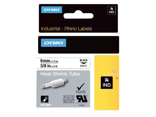 Labeltape Dymo Rhino industrieel krimpkous 9mm zwart op wit