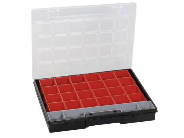 Bak voor kleine onderdelen,HxBxD 55x370x295mm,24bakken,PP,koffer zwart