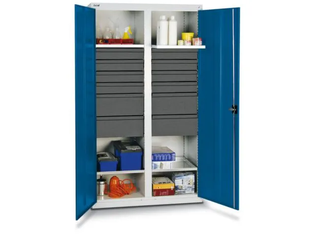 Materiaalkast 1800x1000x500mm 4legborden Uitschuifbaar 12laden Ral5010