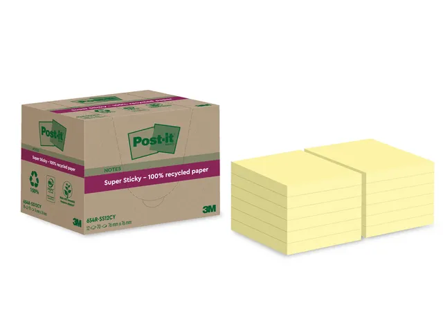 Memoblok Super Sticky 654 RSS12CY recycled 76x76mm canary yellow