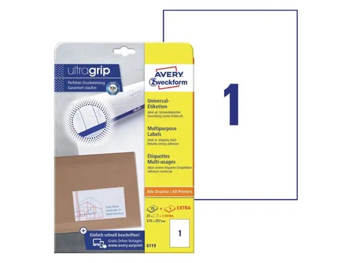 Etiket Avery Zweckform 6119 210x297mm A4 wit 25stuks