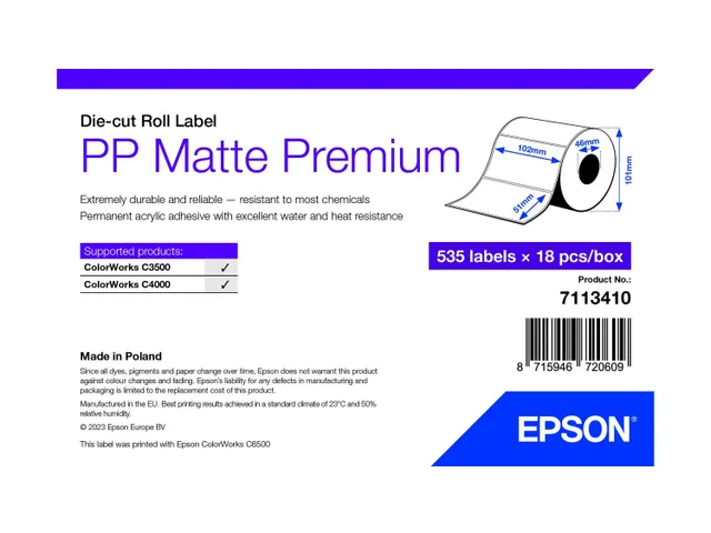 Epson 7113410, Wit, Zelfklevend printerlabel, Gestanste etiket, Rol, I