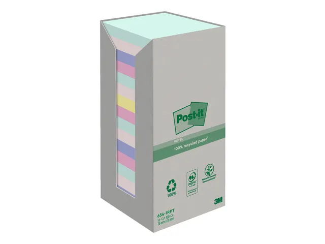 Memoblok 3m Post-it 654-1rpt 76x76mm 16 Stuks Recycled Assorti