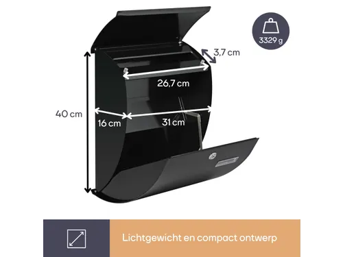 Brievenbus Nice Zwart Gebogen front, naamplaatje 2 sleutels 40x31x16cm