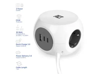 Stekkerblok ACT 3 voudig inclusief 2x USB C en A 1.5 meter wit/grijs - 3