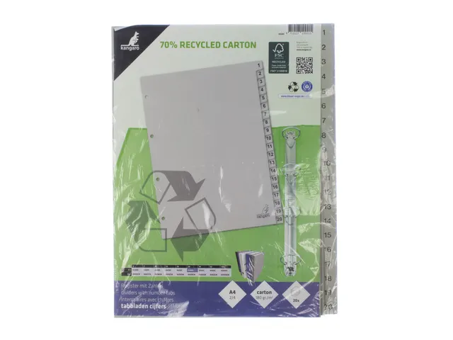 Tabblad ECO Kangaro A4 cijfers 180 grams grijs karton 4-gaats 20-delig