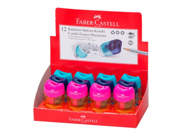 Puntenslijper + gum Faber-Castell met afvalkoker assorti kleuren displ | FaberCastellShop.be