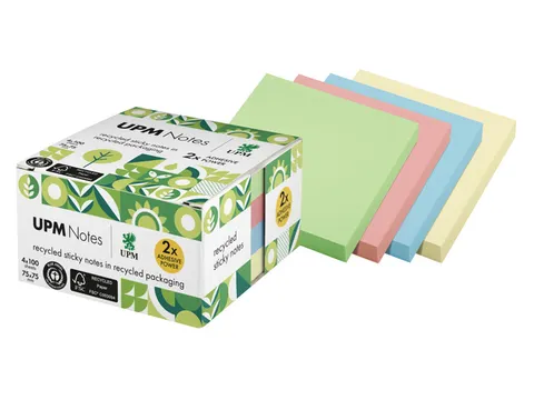 Sticky notes UPM recycled 75x75mm pastel assorti blok 100 vel, doos 4x