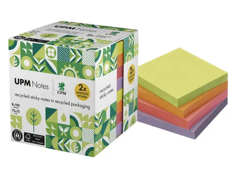 Sticky notes UPM recycled 75x75mm assorti blok 100 vel, doos 8x blok