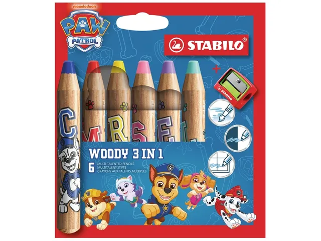 Kleurpotloden STABILO woody 3 in 1 Paw Patrol + slijper 6 stuks