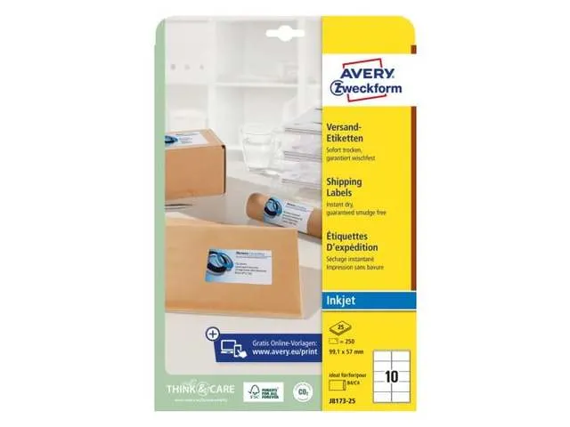 Inkjet etiket Avery J8173-25 99.1x57mm Wit 250 stuks