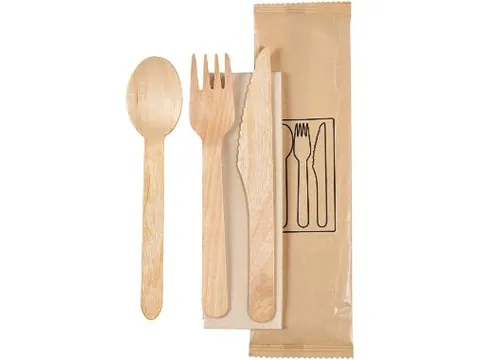 BioPak ecoecho houten bestekset 4/1 vork/mes/lepel/servet 16 cm