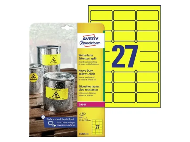 Avery Zweckform Ultra sterk etiket L6105-20 63.5x29.6mm Geel 540 stuks