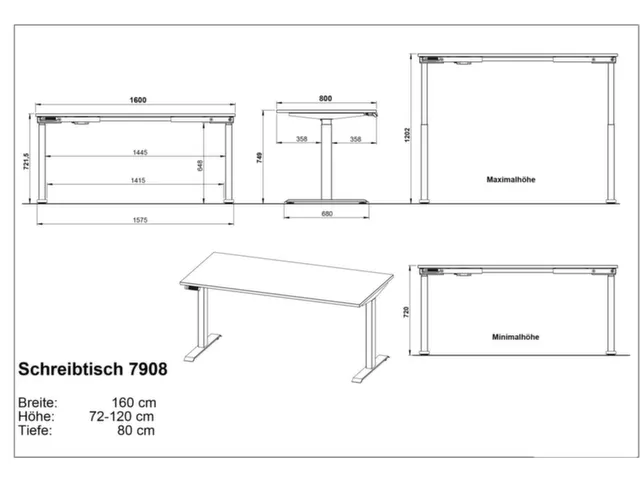 Bureau à hauteur réglable élec.,HxlxP 720-1200x1600x800mm