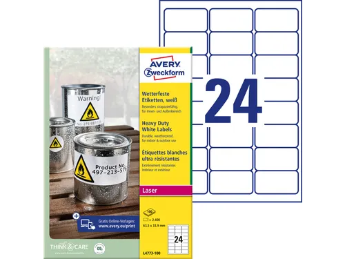 Avery Zweckform L4773 Weerbestendige etiketten A4 63,5x33,9 Wit 2400st