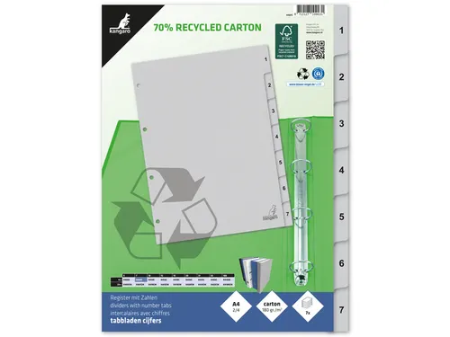 Tabblad ECO Kangaro A4 cijfers 180 grams grijs karton 4-gaats 7delig