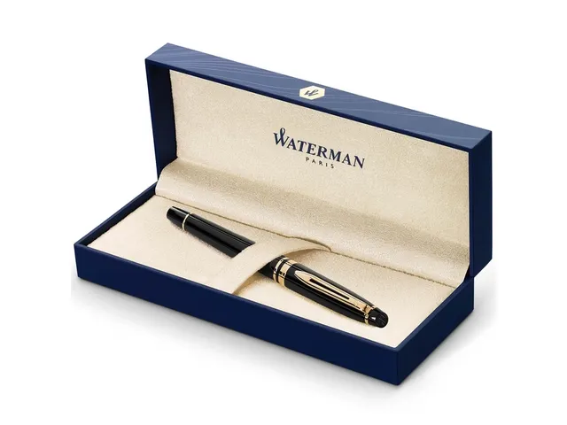 Stylo plume Waterman Expert Noir Laqué GT Medium encre bleue