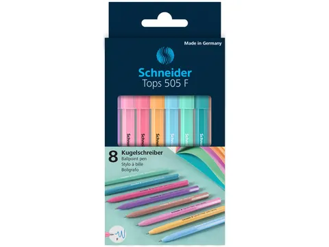 Balpen Schneider Tops 505 F set 8 stuks pastel, blauwschrijvend