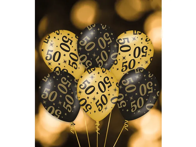 Ballonnen Classy party balloons '50' 30cm Goud-Zwart 6 stuks