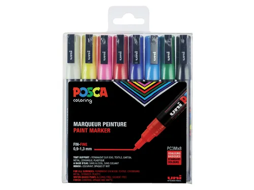 Verfstift Posca PC3M Fijne punt 0,9-1,3mm Assorti Set à 8 Stuks