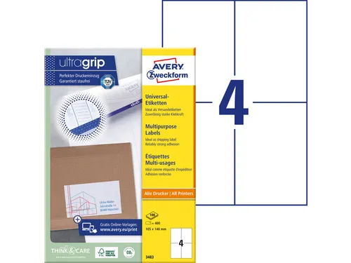 Etiket Avery Zweckform 3483 105x148mm A6 wit 400stuks