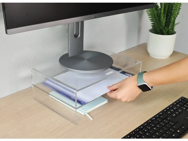 Support moniteur en acrylique avec bac à courrier