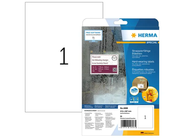 HERMA 4698 Weervaste Folie-etiketten A4 210x297mm Wit 25 stuks
