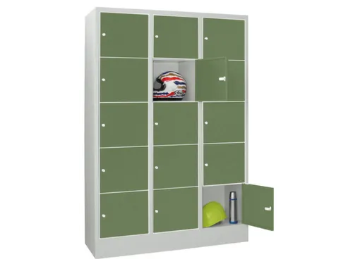 lockerkast,HxBxD 1850x1200x500mm,3x5vakken,RAL7035,front RAL6011