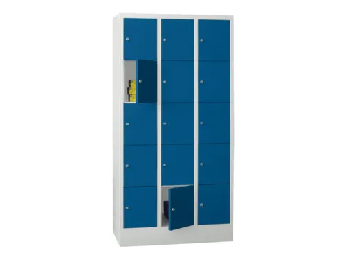 lockerkast,HxBxD 1850x900x500mm,3x5vakken,RAL7035,front RAL5012