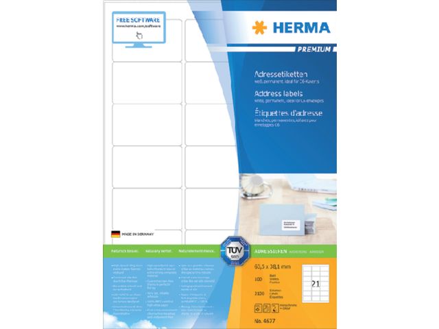 Adresetiket Herma 4677 63.5x38.1mm Premium Wit 2100 stuks | EtiketWinkel.nl