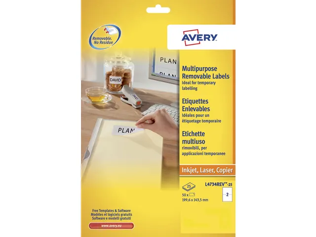 Etiket Avery L4734REV-25 199.3x143.5mm Afneembaar Wit 50 Stuk