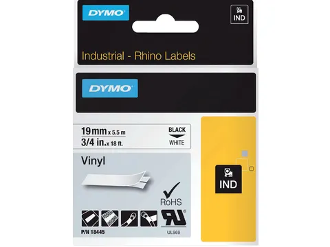 Labeltape Dymo Rhino 18445 vinyl 19mmx5.5m zwart op wit