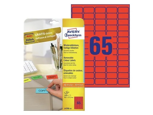Gekleurde Etiketten Avery Zweckform 38.1x21.2mm Rood 1300 stuks