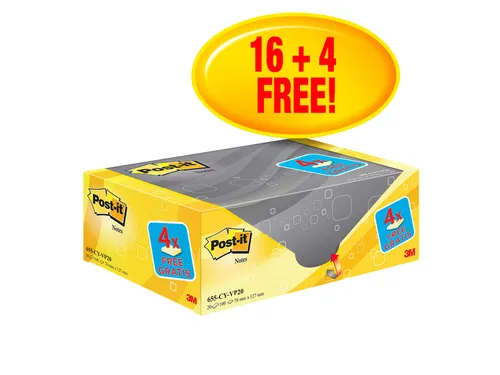 Memoblok 3M Post-it 655 76x127mm geel 16 + 4 gratis