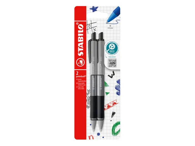Stylo bille STABILO pointball Colorful Medium noir blister 2 pièces