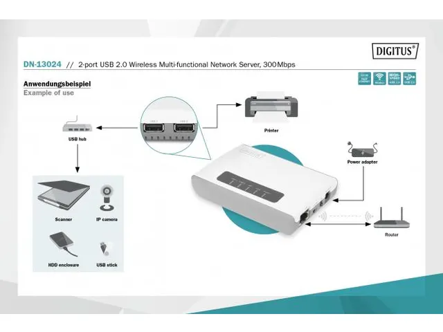 2-poorts USB 2.0 draadloze multifunctionele netwerkserver 300 Mbps