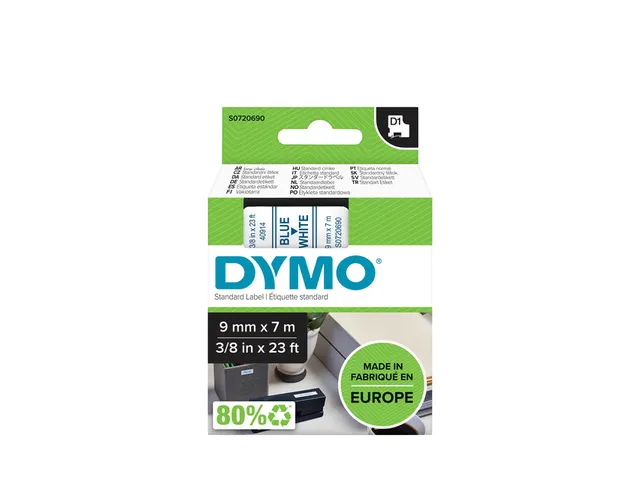 Labeltape Dymo LabelManager D1 polyester 9mm blauw op wit