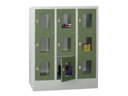 lockerkast,HxBxD 1187x900x500mm,3x3vakken,RAL7035,front RAL6011
