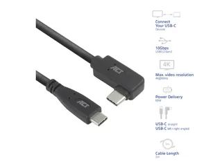 Kabel ACT USB-C standaard naar USB-C hoek 10Gbps 2m - 2
