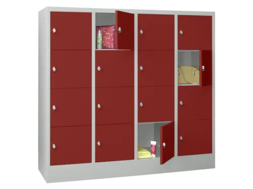 lockerkast,HxBxD 1518x1600x500mm,4x4vakken,RAL7035,front RAL3000