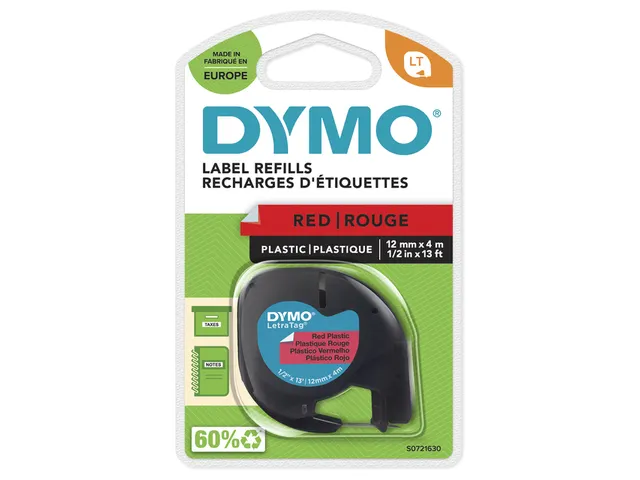 Labeltape Dymo Letratag 91203 plastic 12mm zwart op rood S0721630