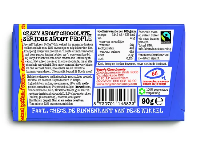 Chocolade Tony Chocolonely donkere melk pretzel toffee reep 90 gram
