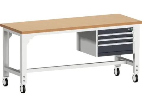 établi roulant HxlxP 840-1140x2000x750mm plateau hêtre rouge