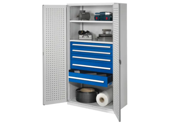 Materiaalkast Geperf. Deuren 1950x1000x600mm 2legborden 5laden Ral7035